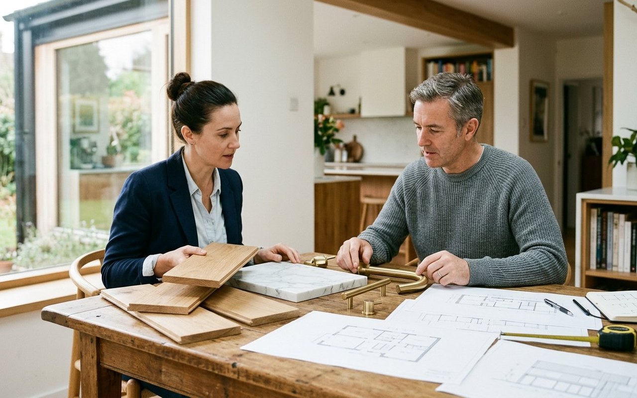 Smart Rebuild Home architects reviewing wood and stone samples