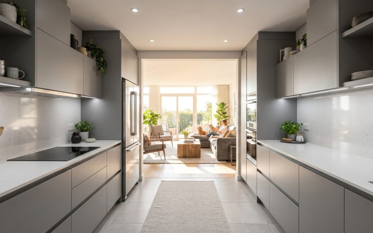 Sunlit open concept kitchen and living space with warm wood cabinetry and natural stone counters