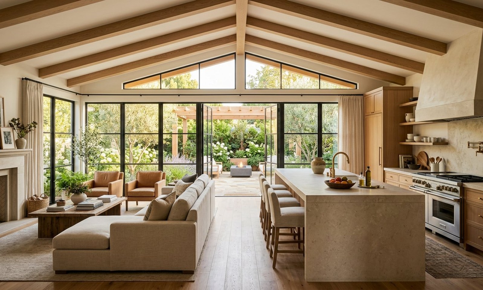 Sunlit remodeled living room and open kitchen by Smart Rebuild Home