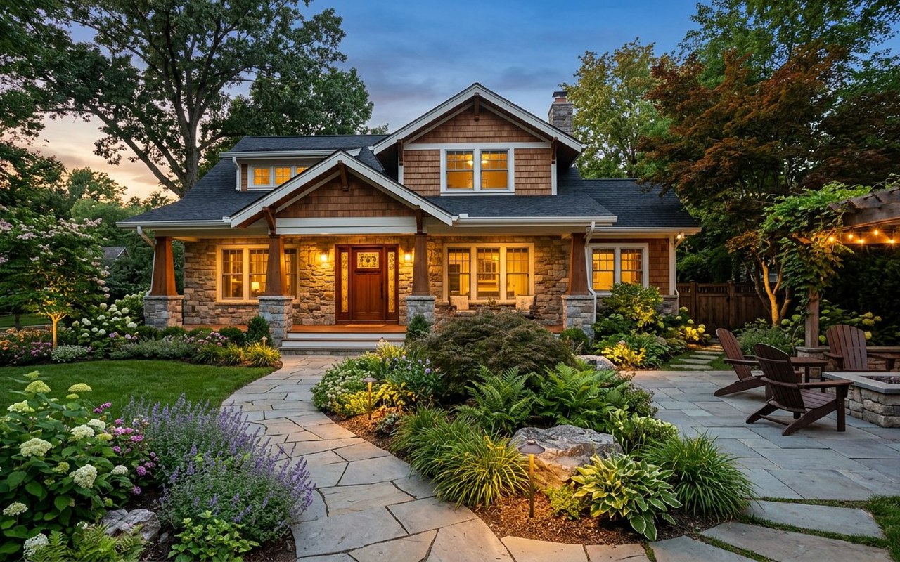Refreshed craftsman facade and landscaped stone patio for Home Exterior and Garden Renovation