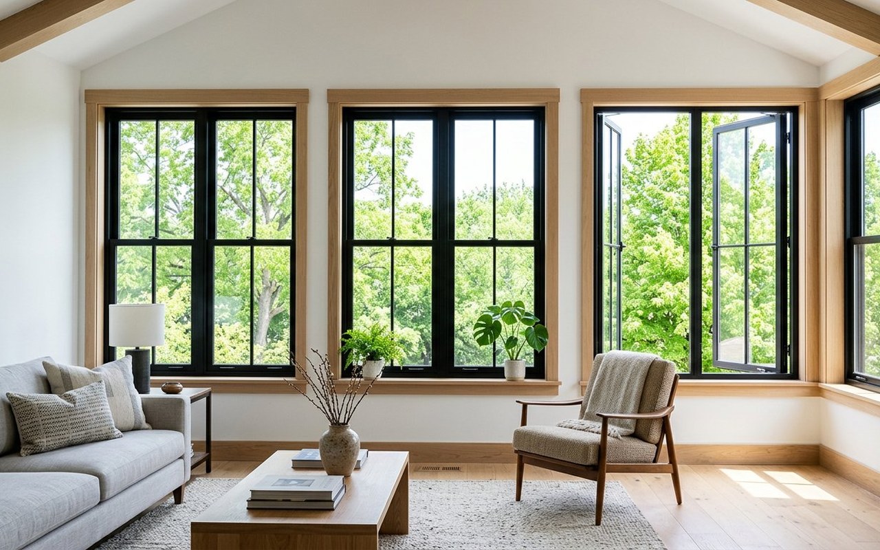 Tall black-framed insulated casement and double-hung units for Windows Replacements